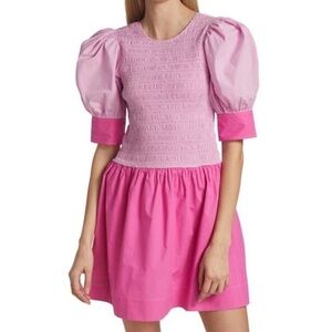 Ganni Pink Colorblock Shirred Mini Dress Puff Sleeves Women’s Size 40
